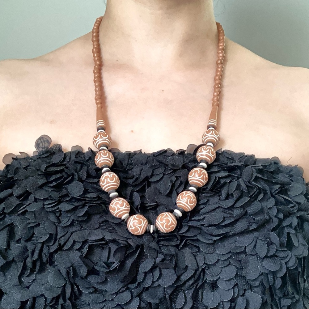 Brown and White Thai Terra Cotta Clay Beaded Necklace